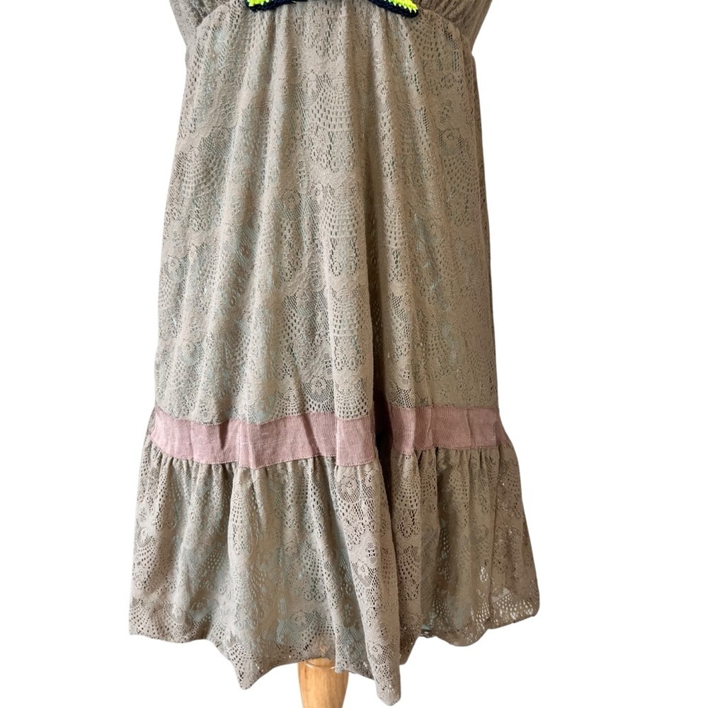 Free People Vintage Brown Lace Deep V Neckline Mini Dress - Picture 4 of 13